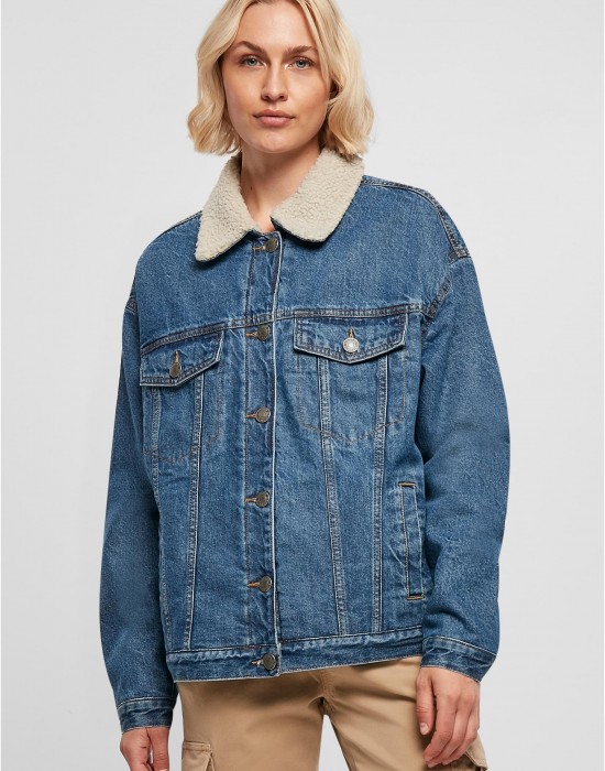 Дамско дънково яке с пухкава яка в синьо Ladies Denim Jacket, Urban Classics, Якета - Complex.bg