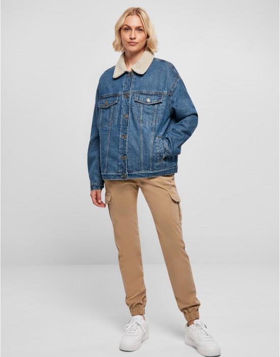 Дамско дънково яке с пухкава яка в синьо Ladies Denim Jacket, Urban Classics, Якета - Complex.bg