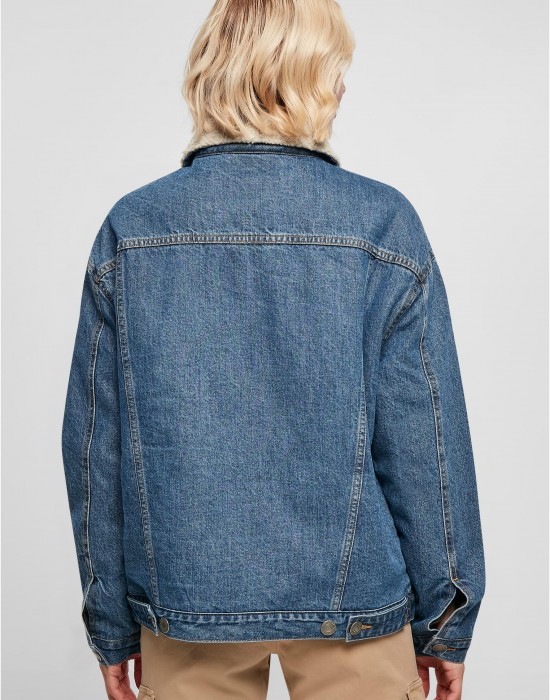 Дамско дънково яке с пухкава яка в синьо Ladies Denim Jacket, Urban Classics, Якета - Complex.bg