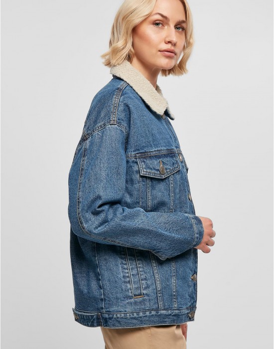 Дамско дънково яке с пухкава яка в синьо Ladies Denim Jacket, Urban Classics, Якета - Complex.bg