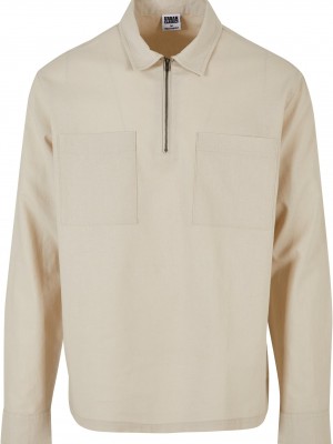 Мъжка ленена блуза с яка в цвят екрю Urban Classics Half Zip Shirt Мъжка ленена блуза с яка в цвят екрю Urban Classics Half Zip Shirt