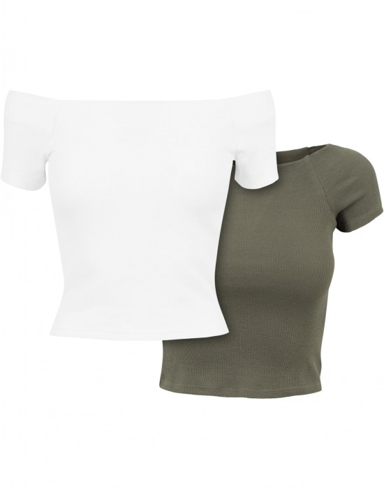 Комплект от два броя дамски топ Urban Classics Ladies Off Shoulder white/olive, Urban Classics, Жени - Complex.bg