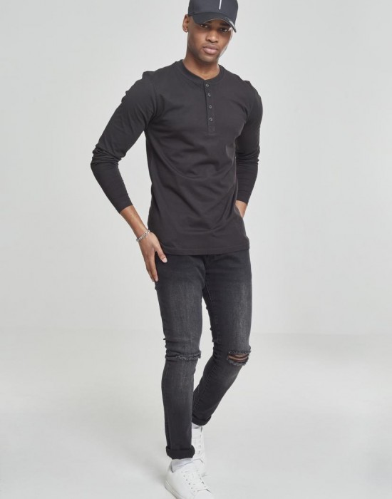 Мъжка памучна блуза с копчета Urban Classics Basic Henley в черно
