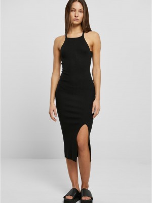 Дамска рокля в черен цвят Urban Classics Ladies Midi Rib Knit Crossed Back Dress