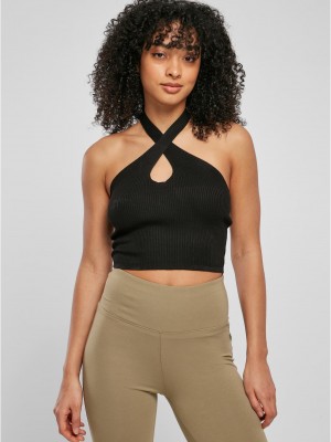 Дамски топ в черен цвят Urban Classics Ladies Rib Knit Crossed Neckholder Top