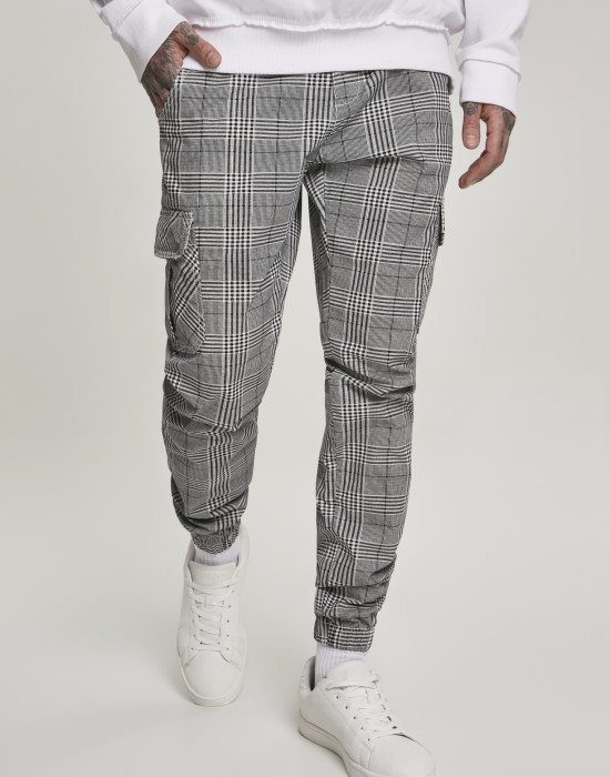 Мъжки карго панталон в черно и бяло Urban Classics AOP Glencheck Cargo Jog Pants