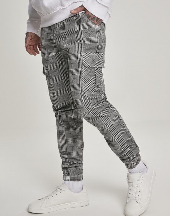 Мъжки карго панталон в черно и бяло Urban Classics AOP Glencheck Cargo Jog Pants