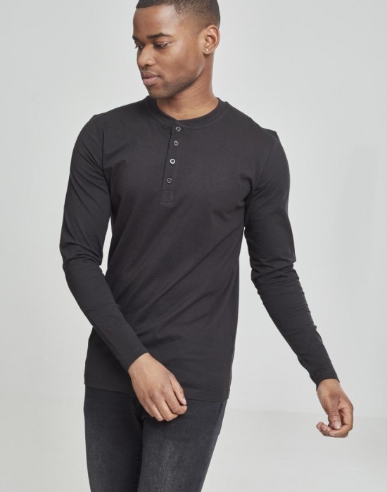 Мъжка памучна блуза с копчета Urban Classics Basic Henley в черно