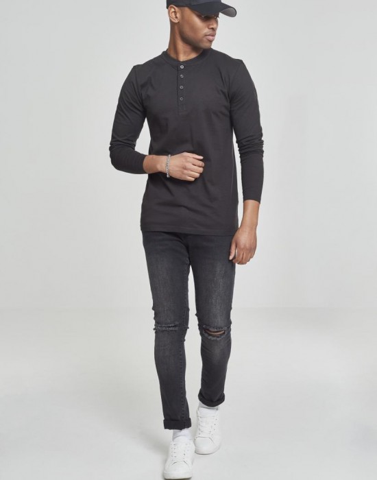 Мъжка памучна блуза с копчета Urban Classics Basic Henley в черно