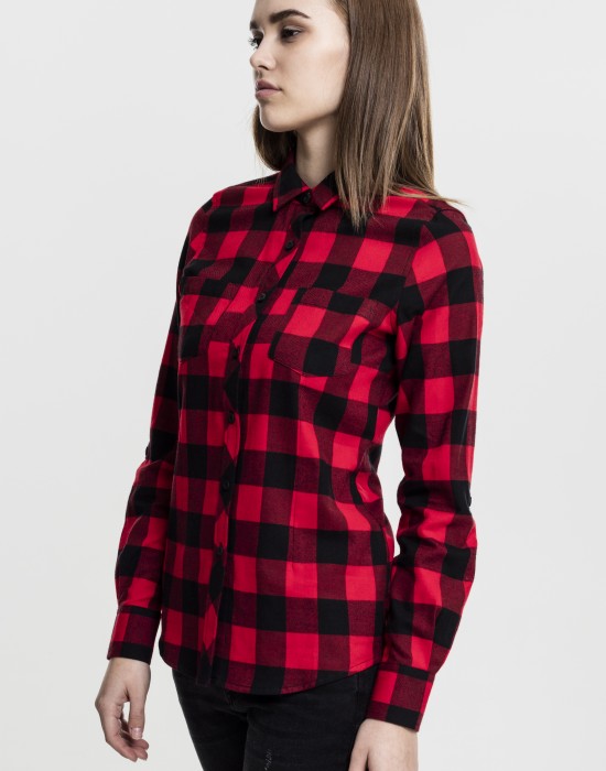 Дамска карирана риза в черно и червено Urban Classics Ladies Turnup Checked Flanell Shirt Дамска карирана риза в черно и червено Urban Classics Ladies Turnup Checked Flanell Shirt