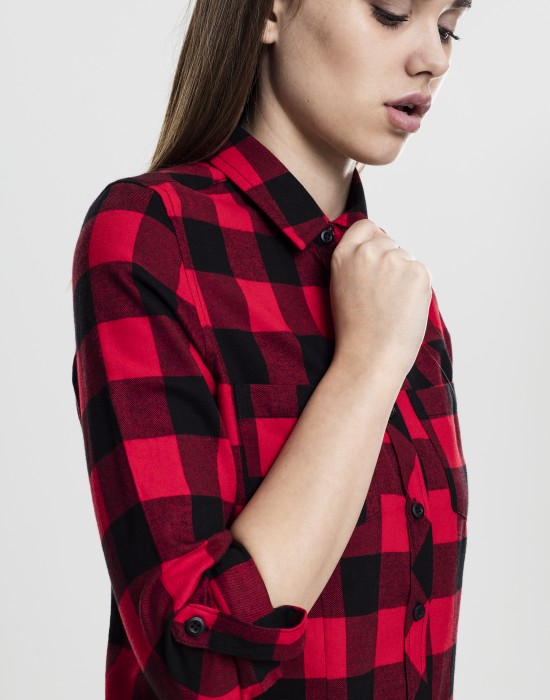 Дамска карирана риза в черно и червено Urban Classics Ladies Turnup Checked Flanell Shirt Дамска карирана риза в черно и червено Urban Classics Ladies Turnup Checked Flanell Shirt