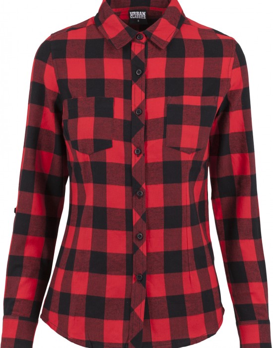 Дамска карирана риза в черно и червено Urban Classics Ladies Turnup Checked Flanell Shirt Дамска карирана риза в черно и червено Urban Classics Ladies Turnup Checked Flanell Shirt
