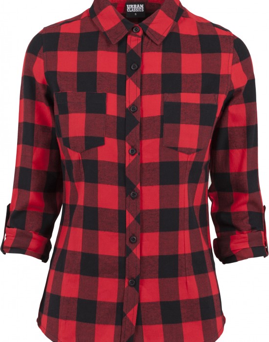 Дамска карирана риза в черно и червено Urban Classics Ladies Turnup Checked Flanell Shirt Дамска карирана риза в черно и червено Urban Classics Ladies Turnup Checked Flanell Shirt