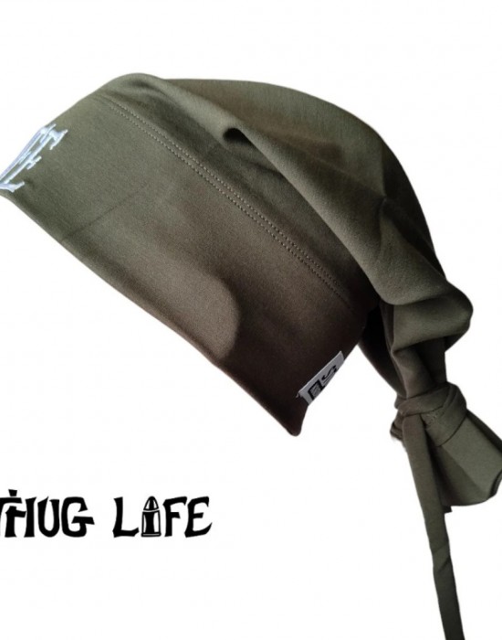 Бийни шапка в цвят каки с бродерия Thug life tattoo Street Knowledge