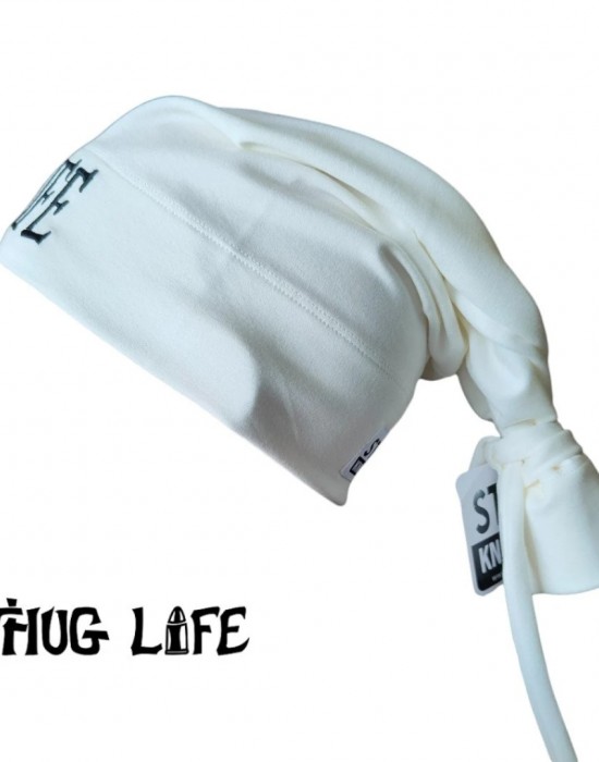 Бийни шапка в бяло с бродерия Thug life tattoo Street Knowledge Бийни шапка в бяло с бродерия Thug life tattoo Street Knowledge