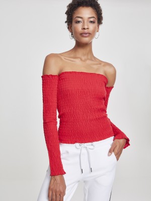 Дамска блуза с голи рамене в червен цвят Urban Classics Ladies Cold Shoulder Smoke L/S fire red  Дамска блуза с голи рамене в червен цвят Urban Classics Ladies Cold Shoulder Smoke L/S fire red