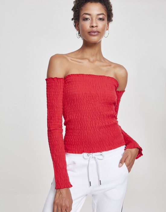 Дамска блуза с голи рамене в червен цвят Urban Classics Ladies Cold Shoulder Smoke L/S fire red 