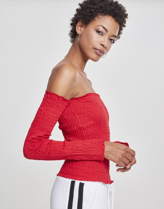 Дамска блуза с голи рамене в червен цвят Urban Classics Ladies Cold Shoulder Smoke L/S fire red 