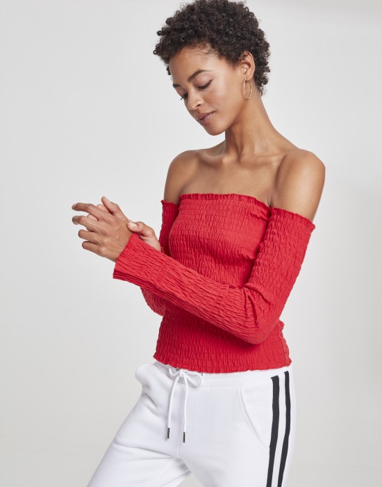 Дамска блуза с голи рамене в червен цвят Urban Classics Ladies Cold Shoulder Smoke L/S fire red 