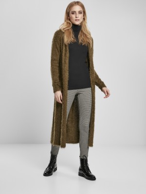 Дамска жилетка в цвят маслина Urban Classics Ladies Hooded Feather Cardigan