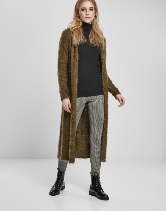 Дамска жилетка в цвят маслина Urban Classics Ladies Hooded Feather Cardigan