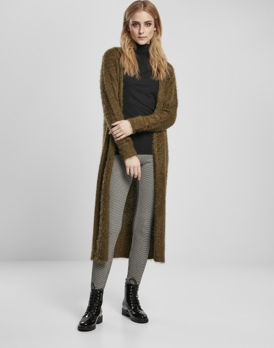 Дамска жилетка в цвят маслина Urban Classics Ladies Hooded Feather Cardigan