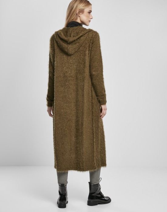 Дамска жилетка в цвят маслина Urban Classics Ladies Hooded Feather Cardigan