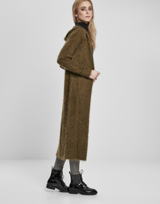 Дамска жилетка в цвят маслина Urban Classics Ladies Hooded Feather Cardigan