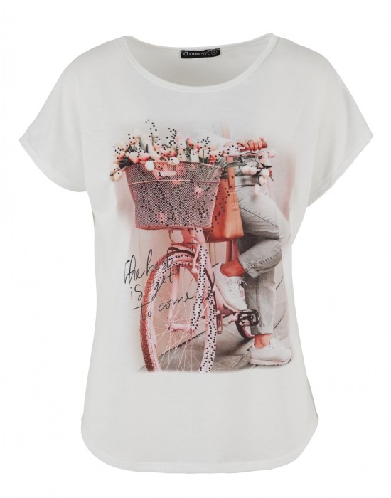Тениска Cloud5ive Damen Viskose T-Shirt mit Fahrrad Print white XXL