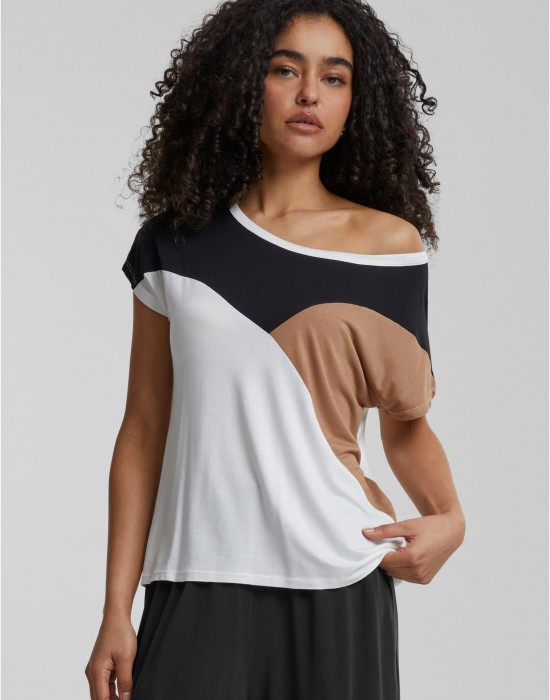 Тениска Cloud5ive Damen Viskose Colorblock T-Shirt camel brown/black XXL