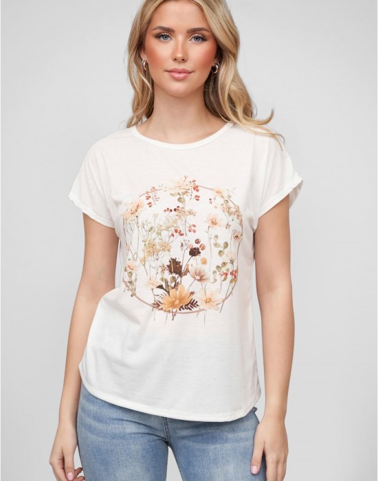Тениска Viskose T-Shirt mit Blumen Print white XXL
