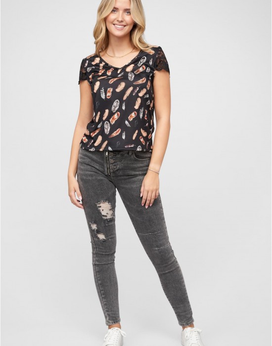 Тениска T-Shirt mit V-Neck und Spitzenansatz black XXL