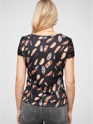 Тениска T-Shirt mit V-Neck und Spitzenansatz black XXL