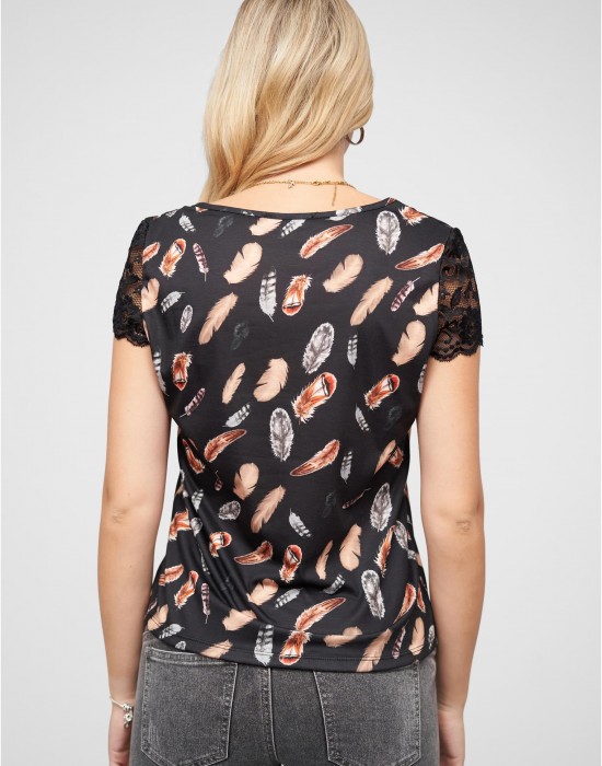 Тениска T-Shirt mit V-Neck und Spitzenansatz black XXL