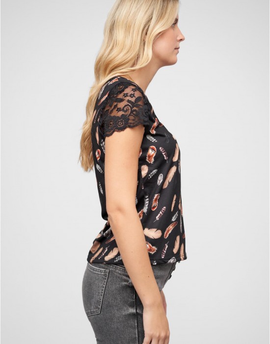 Тениска T-Shirt mit V-Neck und Spitzenansatz black XXL