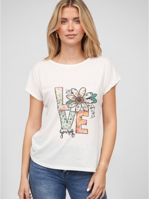 Тениска Viskose T-Shirt mit Love-Blumen Print white XXL