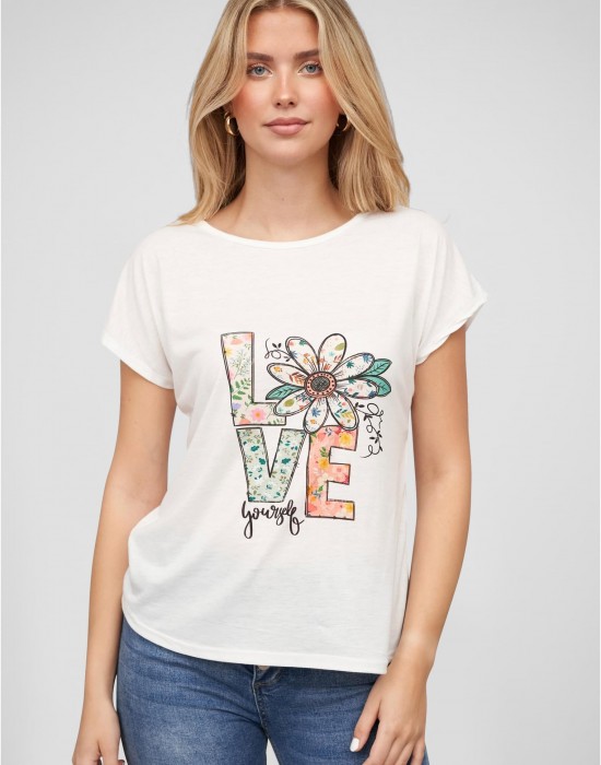 Тениска Viskose T-Shirt mit Love-Blumen Print white XXL