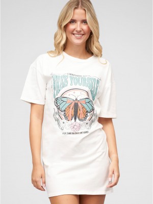 Тениска T-Shirt-Kleid mit Free Yourself Butterfly Print white XS