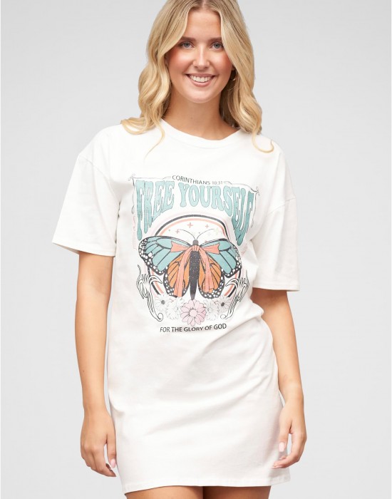Тениска T-Shirt-Kleid mit Free Yourself Butterfly Print white XS