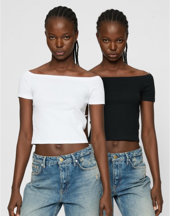 2 Броя Изчистени Дамски ТенискиLadies Organic Off Shoulder Rib Tee 2-Pack black+white XXL 2 Броя Изчистени Дамски ТенискиLadies Organic Off Shoulder Rib Tee 2-Pack black+white XXL