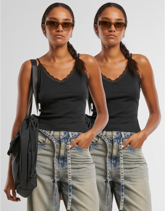 2 Броя Дамски Потници Ladies V-Neck Lace Top 2-Pack black+black XXL