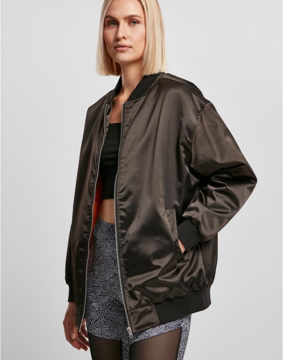 Дамско Бомбър ЯкеLadies Oversized Satin Bomber Jacket black XXL