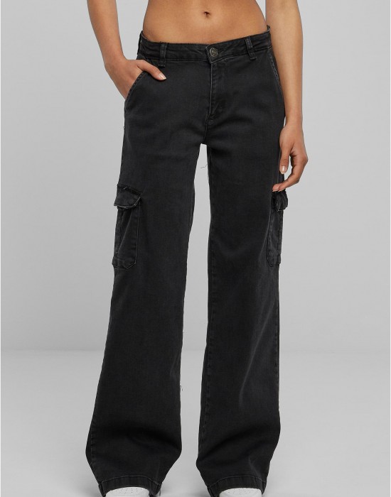Дамски Дънки с Висока ТалияLadies High Waist Straight Denim Cargo Pants black washed 29