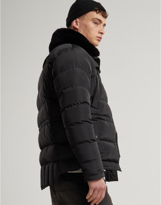 Мъжко Пухено Яке Puffer Jacket With Detachable Fur Collar black XXL