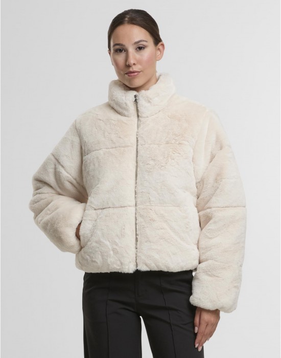 Мъжко Пухено Яке Ladies Short Faux Fur Puffer Jacket whitesand XS
