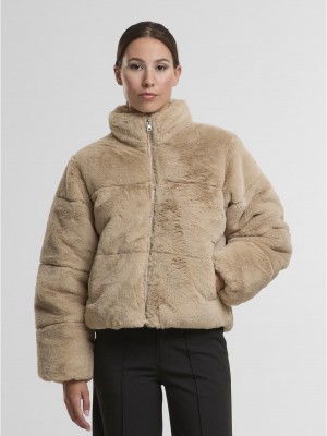 Мъжко Пухено Яке Ladies Short Faux Fur Puffer Jacket wetsand XS