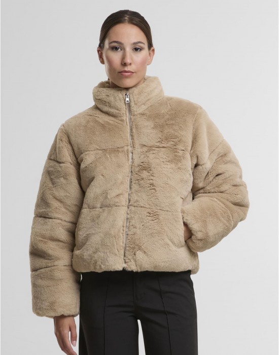 Мъжко Пухено Яке Ladies Short Faux Fur Puffer Jacket wetsand XS