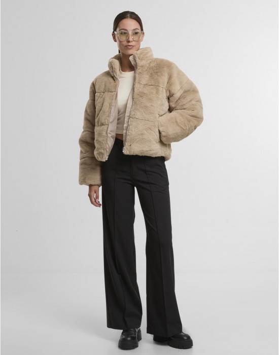 Мъжко Пухено Яке Ladies Short Faux Fur Puffer Jacket wetsand XS