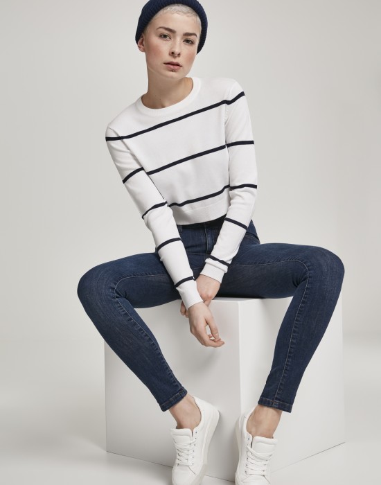 Дамска къса блуза в бяло Urban Classics Ladies Short Striped Sweater