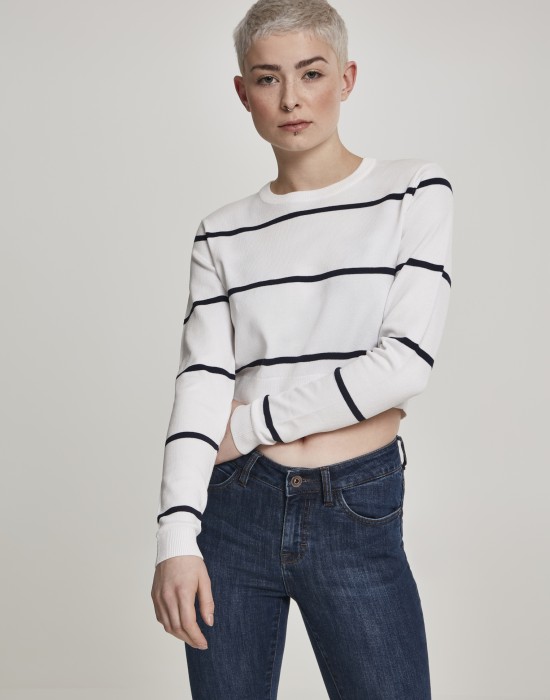 Дамска къса блуза в бяло Urban Classics Ladies Short Striped Sweater